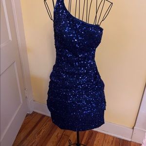 Vintage Sequin Blue One Shoulder Mini Dress